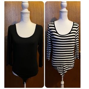 New York & Company x Eva Mendes Black and Black/White Striped Bodysuits